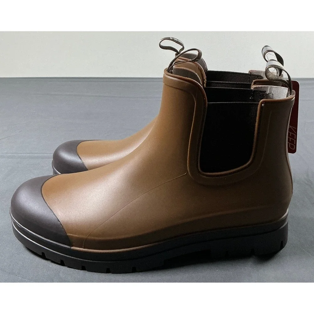 Hisea Womens Brown Waterproof Chelsea Rain Boots Rubber Lug Sole Size 11 NEW